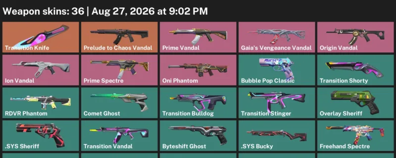 Valorant account inventory for LVL 253 · Transition Knife & Sys Sheriff