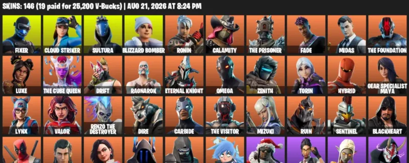 Fortnite account inventory for LVL 2221 - Fixer - Cloud Striker - 146 Outfits