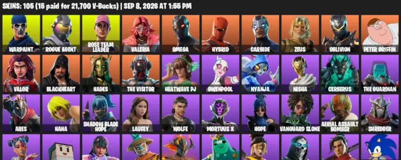 Fortnite account inventory for LVL 787 - Warpaint - Rogue Agent - 105 Outfits