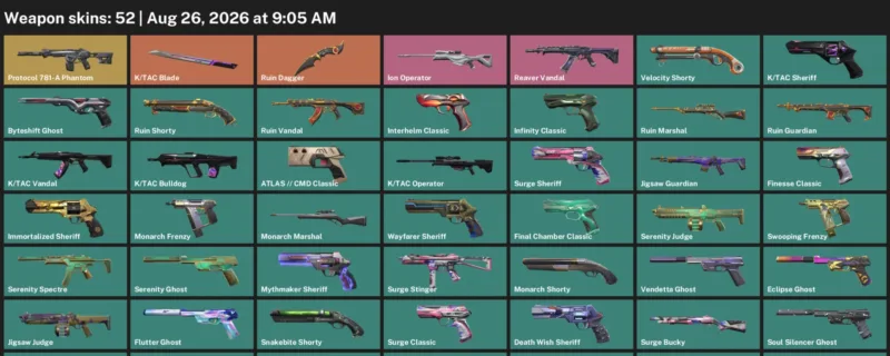 Valorant account inventory for LVL 284 · Tac Blade & Ruin Dagger & Death Wish Sheriff