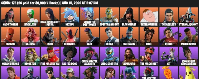 Fortnite account inventory for LVL 2601 - Kado Thorne - Backlash - 175 Outfits