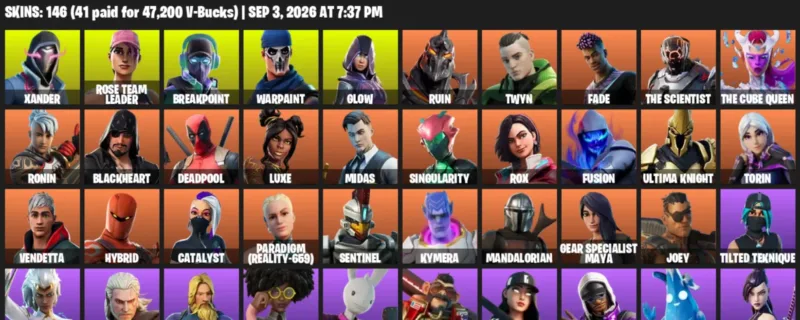 Fortnite account inventory for LVL 1583 - Xander - Rose Team Leader - 146 Outfits