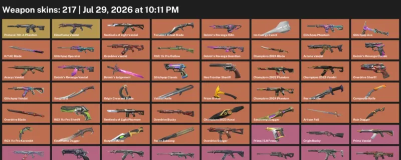 Valorant Accounts listing: LVL 435 · Champions 2023 Kunai & Champions 2024 Blade · 217 Skins - Platinum 2, 217 skins