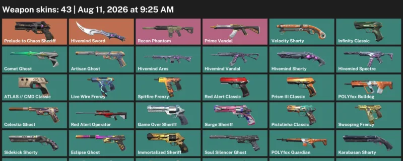 Valorant account inventory for LVL 328 · Death Wish Sheriff & Coalition: Cobra Frenzy