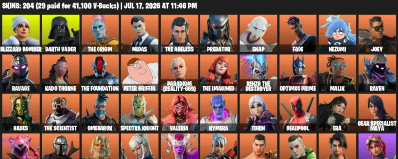 Fortnite Accounts listing: LVL 2703 - Blizzard Bomber - Darth Vader - 204 Outfits - 204 outfits