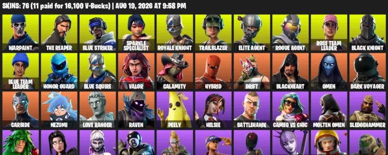 Fortnite account inventory for LVL 1502 - Warpaint - The Reaper - 76 Outfits