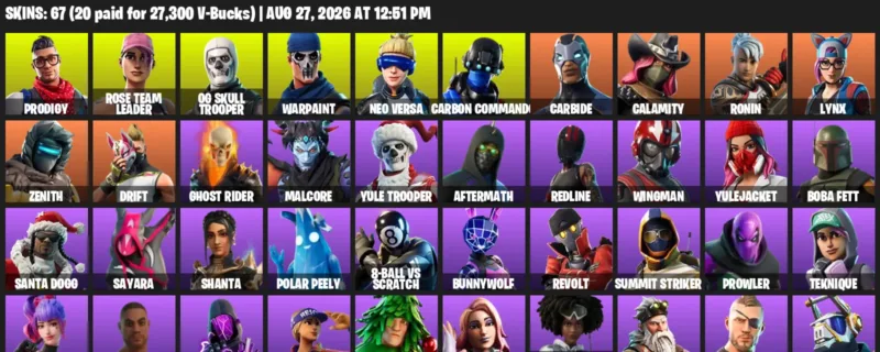 Fortnite account inventory for LVL 346 - Prodigy - Rose Team Leader - 67 Outfits