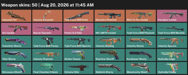 Valorant account inventory for LVL 281 · Velocity Karambit & Celestial Fan & Task Force 809 Knife