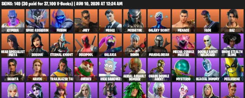 Fortnite account inventory for LVL 2739 - Kymera - Spire Assassin - 149 Outfits