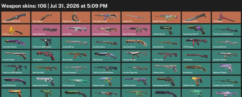 Valorant account inventory for LVL 417 · Xenohunter Knife & Ruin Dagger