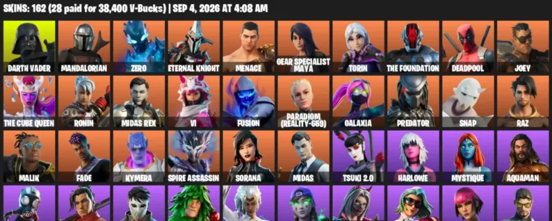 Fortnite account inventory for LVL 2026 - Darth Vader - Mandalorian - 162 Outfits