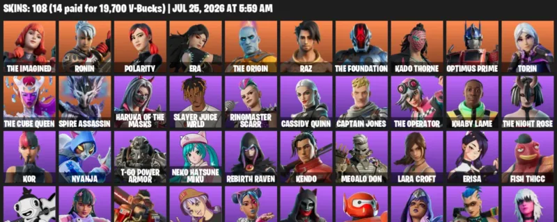 Fortnite Accounts listing: LVL 2157 - The Imagined - Ronin - 108 Outfits - 108 outfits