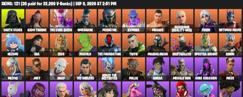 Fortnite account inventory for LVL 2484 - Darth Vader - Kado Thorne - 131 Outfits