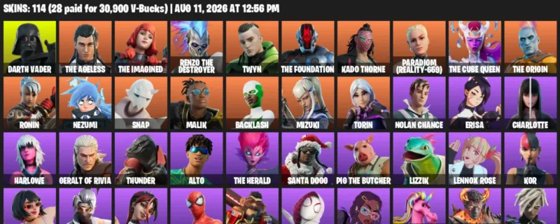 Fortnite account inventory for LVL 1901 - Darth Vader - The Ageless - 114 Outfits