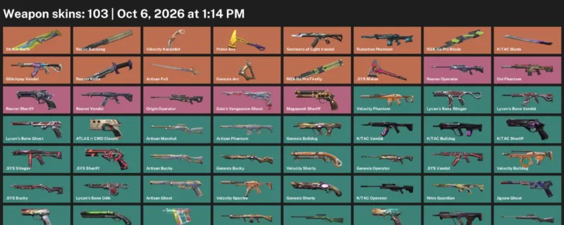 Valorant account inventory for LVL 203 · Reaver Knife & RGX 11z Pro Blade
