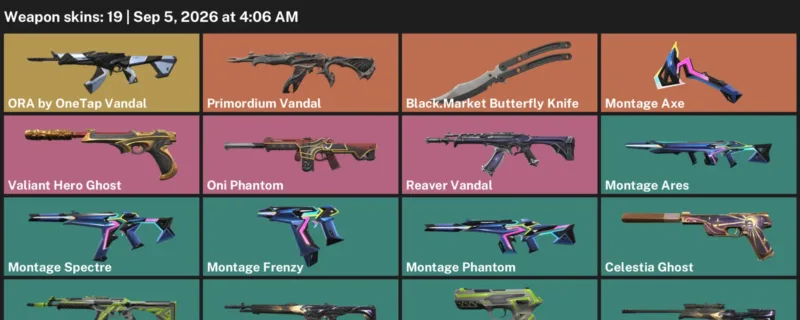 Valorant account inventory for LVL 81 · Oni Phantom & Black.Market Butterfly Knife
