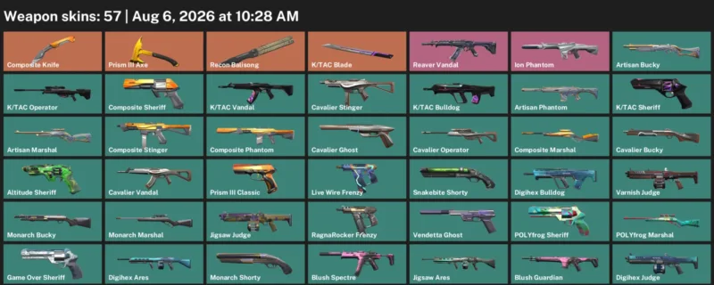 Valorant account inventory for LVL 178 · Tac Blade & Composite Knife & K
