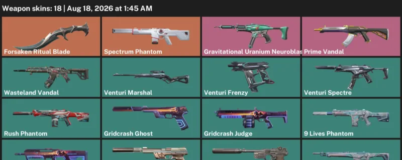 Valorant account inventory for LVL 82 · Forsaken Ritual Blade & 9 Lives Phantom