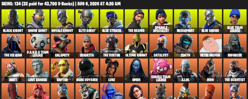 Fortnite account inventory for LVL 2588 - Black Knight - Rogue Agent - 134 Outfits
