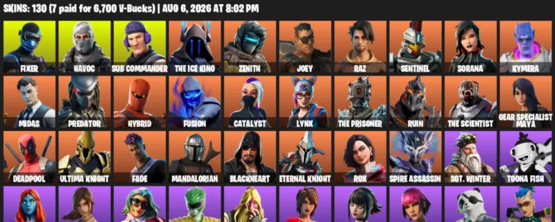 Fortnite account inventory for LVL 2039 - Fixer - Havoc - 130 Outfits