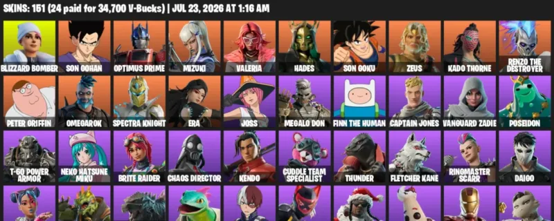 Fortnite Accounts listing: LVL 2554 - Blizzard Bomber - Son Gohan - 151 Outfits - 151 outfits
