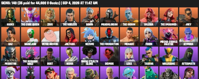 Fortnite account inventory for LVL 2090 - Hades - The Cube Queen - 140 Outfits