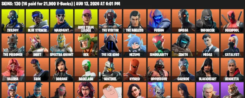 Fortnite account inventory for LVL 2282 - Trilogy - Blue Striker - 130 Outfits