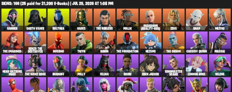 Fortnite Accounts listing: LVL 3371 - Xander - Darth Vader - 166 Outfits - 166 outfits