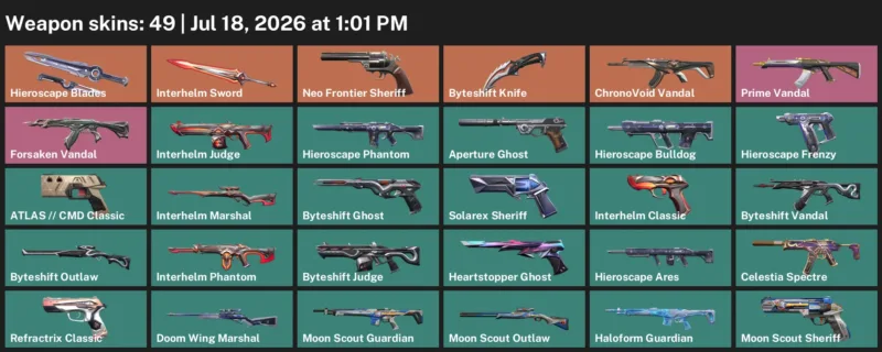 Valorant Accounts listing: LVL 155 · Byteshift Knife & Interhelm Sword · 49 Skins - Gold 2, 49 skins