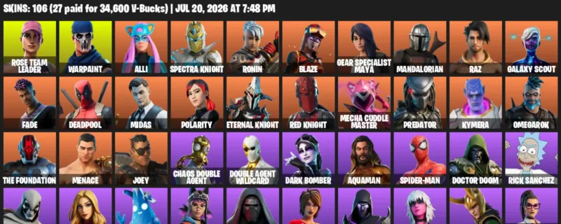 Fortnite Accounts listing: LVL 1591 - Rose Team Leader - Warpaint - 106 Outfits - 106 outfits