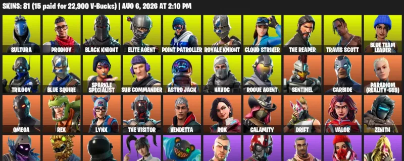 Fortnite account inventory for LVL 2910 - Sultura - Prodigy - 81 Outfits