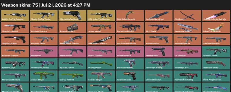 Valorant Accounts listing: LVL 77 · ORA by OneTap Knife & Prime//2.0 Karambit · 75 Skins - Gold 1, 75 skins