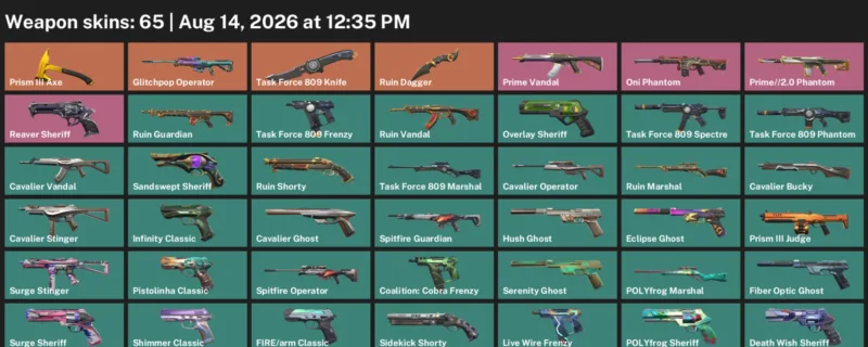 Valorant account inventory for LVL 276 · Ruin Dagger & Task Force 809 Knife & 65 Skins Ruin Dagger