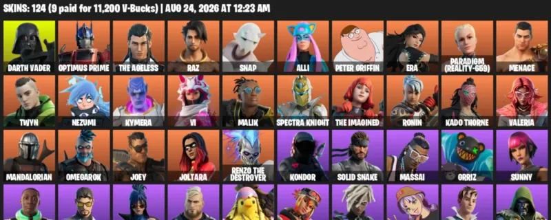 Fortnite account inventory for LVL 1781 - Darth Vader - Optimus Prime - 124 Outfits