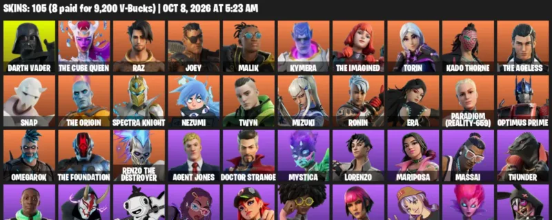 Fortnite account inventory for Darth Vader - The Cube Queen - 105 Outfits