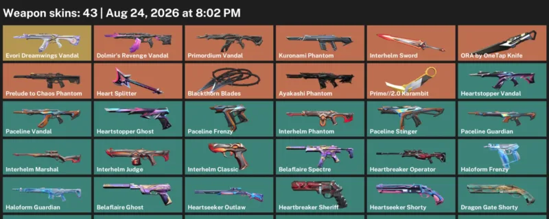 Valorant account inventory for LVL 76 · 2.0 Karambit & Ora by OneTap Knife
