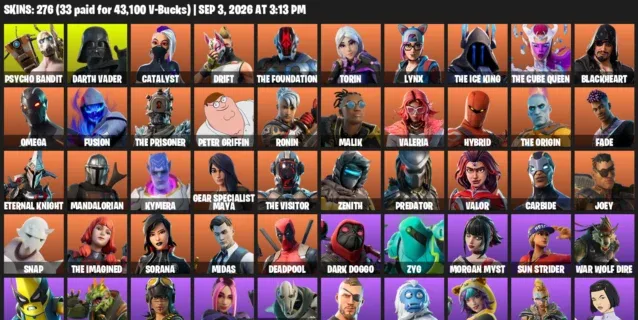 Fortnite account inventory for LVL 3458 - Psycho Bandit - Darth Vader - 276 Outfits