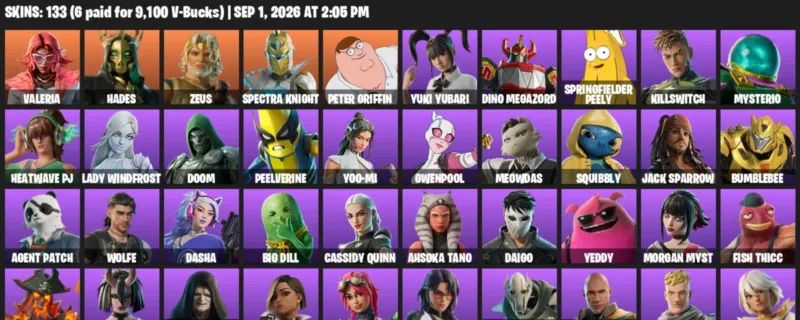 Fortnite account inventory for LVL 1712 - Valeria - Hades - 133 Outfits