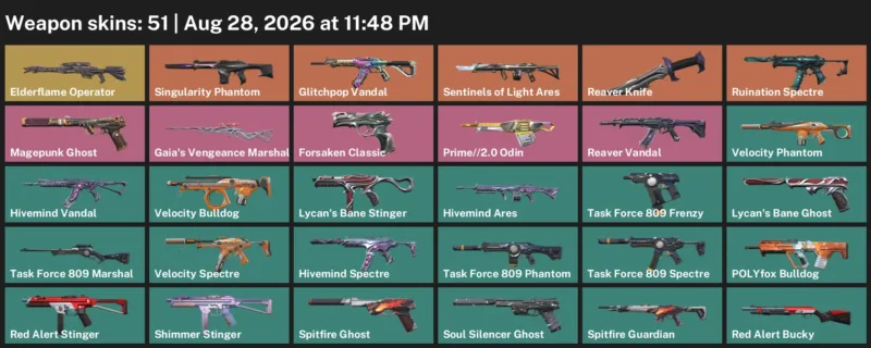 Valorant account inventory for LVL 78 · Reaver Knife & Glitchpop Vandal
