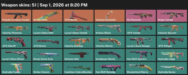 Valorant account inventory for LVL 146 · Velocity Karambit & Striker Knife