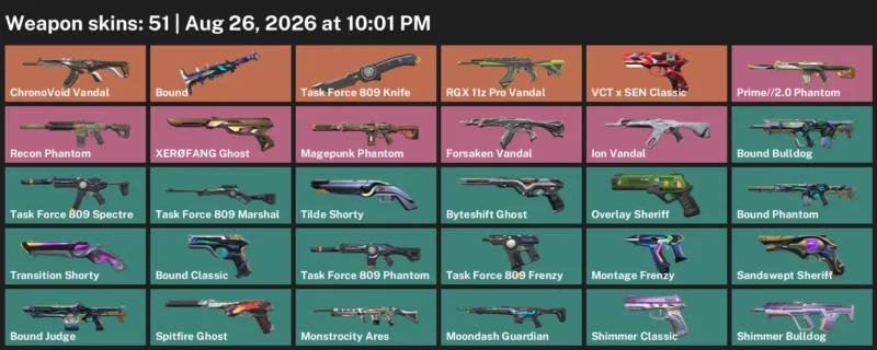 Valorant account inventory for LVL 401 · Task Force 809 Knife & Bound Phantom