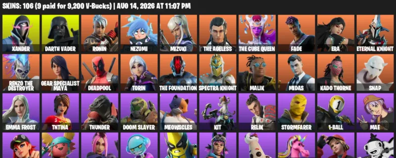 Fortnite account inventory for LVL 2076 - Xander - Darth Vader - 106 Outfits