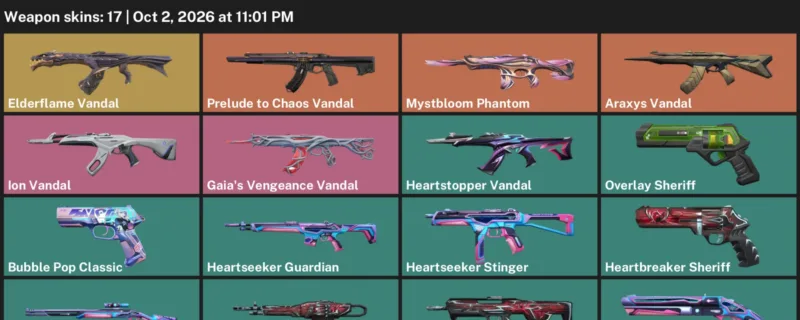 Valorant account inventory for LVL 117 · 17 Skins Araxys Vandal & Elderflame Vandal