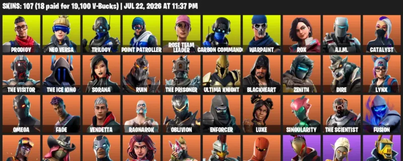 Fortnite Accounts listing: LVL 1071 - Prodigy - Neo Versa - 107 Outfits - 107 outfits