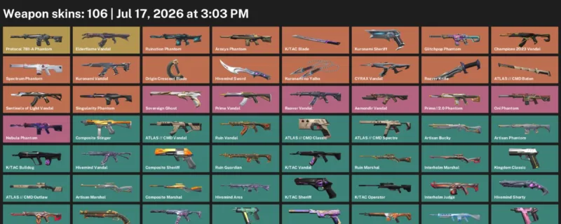 Valorant Accounts listing: LVL 180 · Hivemind Sword & K/TAC Blade · 106 Skins - Platinum 2, 106 skins