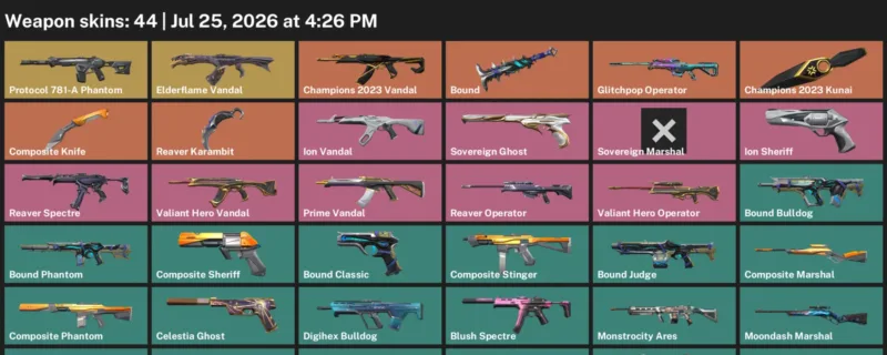 Valorant Accounts listing: LVL 123 · Champions 2023 Kunai & Composite Knife · 44 Skins - Diamond 3, 44 skins
