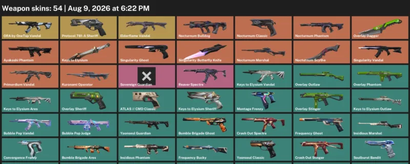 Valorant account inventory for LVL 127 · Nocturnum Scythe & Overlay Dagger & 54 Skins Nocturnum Scythe
