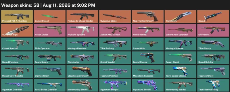Valorant account inventory for LVL 122 · Overdrive Blade & Tilde Knife