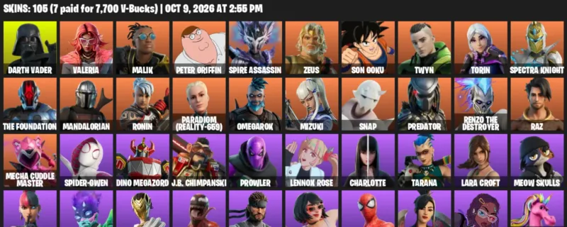 Fortnite account inventory for Darth Vader - Valeria - 105 Outfits