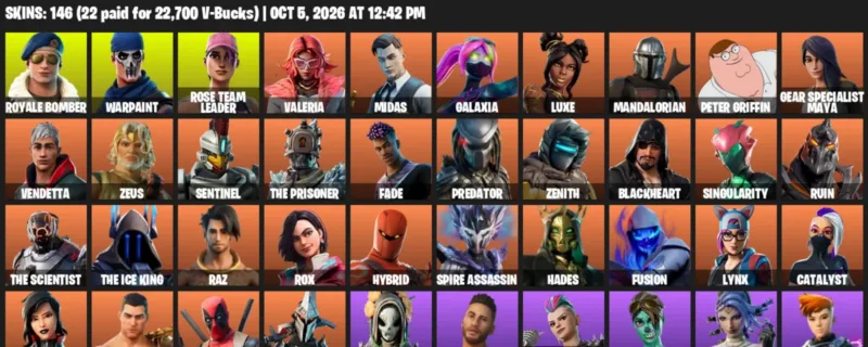 Fortnite account inventory for Royale Bomber - Warpaint - 120 Outfits